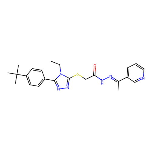 2-{[5-(4-tert-butylphenyl)-4-ethyl-4H-1,2,4-triazol-3-yl]sulfanyl}-N'-[(1E)-1-(pyridin-3-yl)ethylidene]acetohydrazide structure