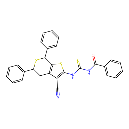 N-((3-cyano-5,7-diphenyl-5,7-dihydro-4H-thieno[2,3-c]thiopyran-2-yl)carbamothioyl)benzamide structure