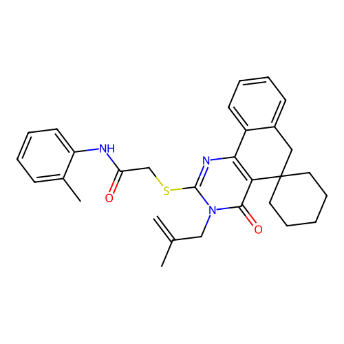 2-((3-(2-methylallyl)-4-oxo-4,6-dihydro-3H-spiro[benzo[h]quinazoline-5,1'-cyclohexan]-2-yl)thio)-N-(o-tolyl)acetamide structure