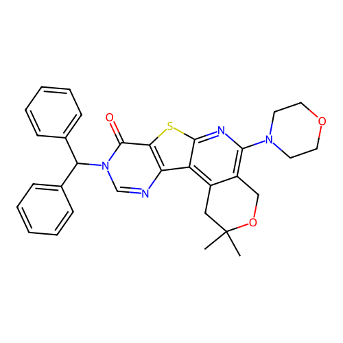 9-(diphenylmethyl)-2,2-dimethyl-5-(morpholin-4-yl)-1,4-dihydro-2H-pyrano[4'',3'':4',5']pyrido[3',2':4,5]thieno[3,2-d]pyrimidin-8(9H)-one structure