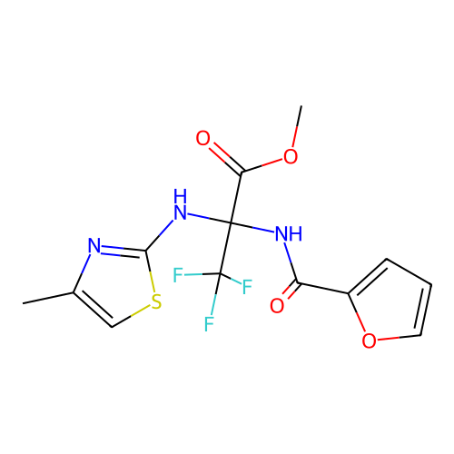 methyl 3,3,3-trifluoro-2-(furan-2-carbonylamino)-2-[(4-methyl-1,3-thiazol-2-yl)amino]propanoate structure