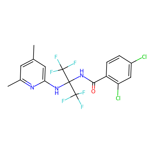 2,4-dichloro-N-(2-((4,6-dimethylpyridin-2-yl)amino)-1,1,1,3,3,3-hexafluoropropan-2-yl)benzamide structure