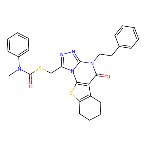 S-((5-oxo-4-phenethyl-4,5,6,7,8,9-hexahydrobenzo[4,5]thieno[3,2-e][1,2,4]triazolo[4,3-a]pyrimidin-1-yl)methyl) methyl(phenyl)carbamothioate structure