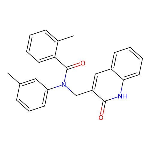 2-methyl-N-(3-methylphenyl)-N-[(2-oxo-1H-quinolin-3-yl)methyl]benzamide structure