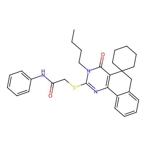 2-((3-butyl-4-oxo-4,6-dihydro-3H-spiro[benzo[h]quinazoline-5,1'-cyclohexan]-2-yl)thio)-N-phenylacetamide structure