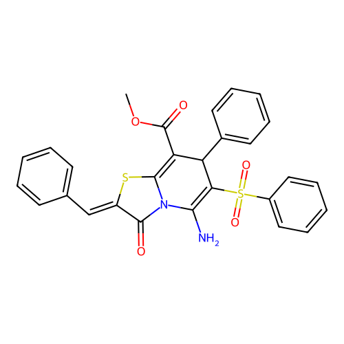 (Z)-methyl 5-amino-2-benzylidene-3-oxo-7-phenyl-6-(phenylsulfonyl)-3,7-dihydro-2H-thiazolo[3,2-a]pyridine-8-carboxylate structure