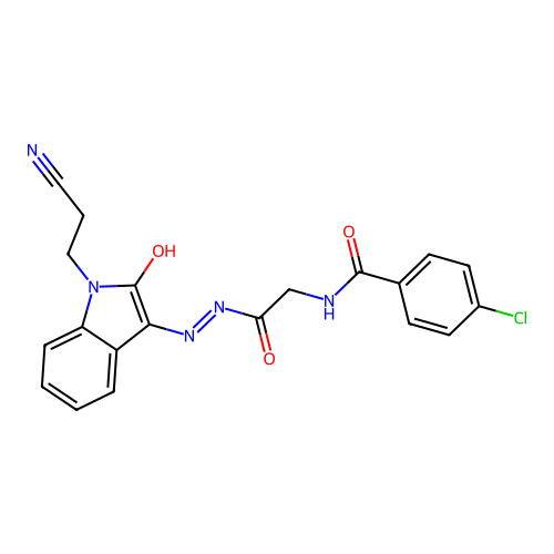 4-chloro-N-[2-[2-[1-(2-cyanoethyl)-2-oxoindol-3-ylidene]hydrazinyl]-2-oxoethyl]benzamide structure