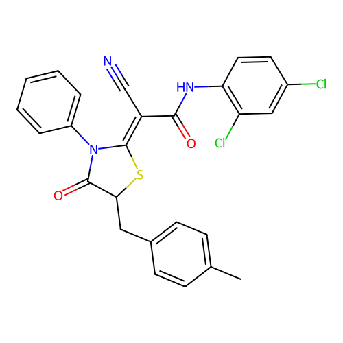 (2Z)-2-cyano-N-(2,4-dichlorophenyl)-2-[5-(4-methylbenzyl)-4-oxo-3-phenyl-1,3-thiazolidin-2-ylidene]ethanamide structure