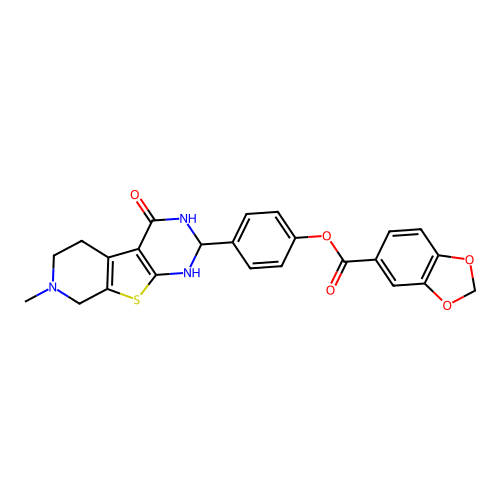 4-(4-hydroxy-7-methyl-1,2,5,6,7,8-hexahydropyrido[4',3':4,5]thieno[2,3-d]pyrimidin-2-yl)phenyl 1,3-benzodioxole-5-carboxylate structure