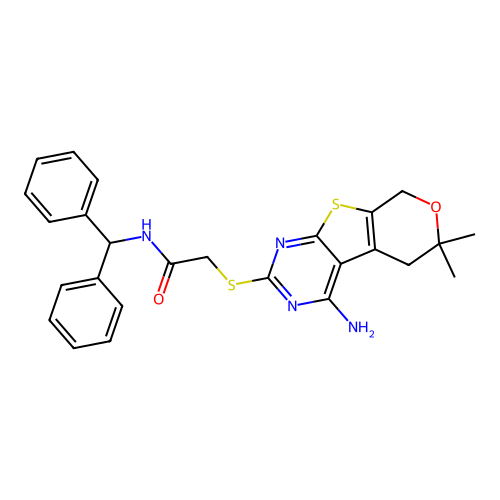 2-[(4-amino-6,6-dimethyl-5,8-dihydro-6H-pyrano[4',3':4,5]thieno[2,3-d]pyrimidin-2-yl)sulfanyl]-N-(diphenylmethyl)acetamide structure