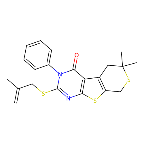 6,6-dimethyl-2-((2-methylallyl)thio)-3-phenyl-5,6-dihydro-3H-thiopyrano[4',3':4,5]thieno[2,3-d]pyrimidin-4(8H)-one structure