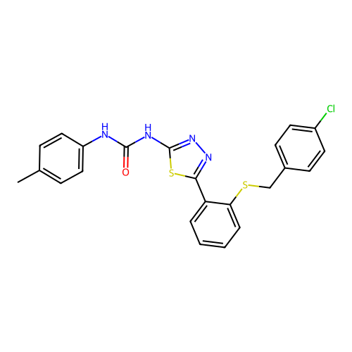 1-(5-{2-[(4-chlorobenzyl)sulfanyl]phenyl}-1,3,4-thiadiazol-2-yl)-3-(4-methylphenyl)urea structure