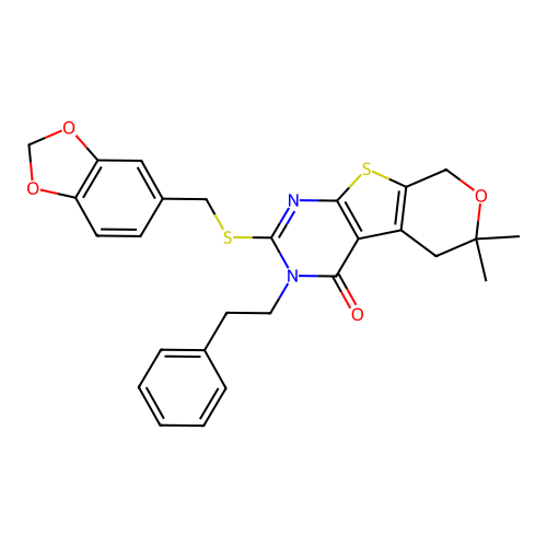 2-((benzo[d][1,3]dioxol-5-ylmethyl)thio)-6,6-dimethyl-3-phenethyl-5,6-dihydro-3H-pyrano[4',3':4,5]thieno[2,3-d]pyrimidin-4(8H)-one structure