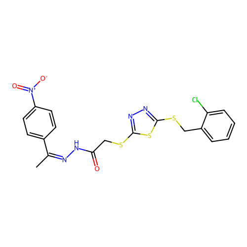 2-({5-[(2-chlorobenzyl)sulfanyl]-1,3,4-thiadiazol-2-yl}sulfanyl)-N'-[(1Z)-1-(4-nitrophenyl)ethylidene]acetohydrazide structure
