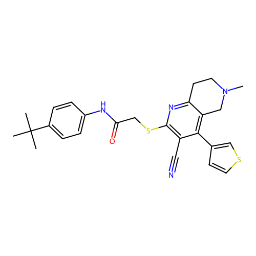 N-(4-(tert-butyl)phenyl)-2-((3-cyano-6-methyl-4-(thiophen-3-yl)-5,6,7,8-tetrahydro-1,6-naphthyridin-2-yl)thio)acetamide structure