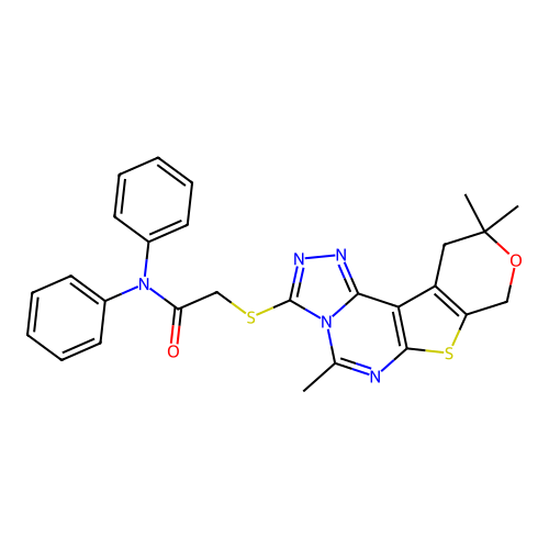 N,N-diphenyl-2-((5,10,10-trimethyl-10,11-dihydro-8H-pyrano[4',3':4,5]thieno[3,2-e][1,2,4]triazolo[4,3-c]pyrimidin-3-yl)thio)acetamide structure