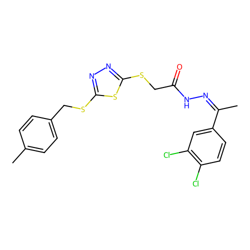 (Z)-N'-(1-(3,4-dichlorophenyl)ethylidene)-2-((5-((4-methylbenzyl)thio)-1,3,4-thiadiazol-2-yl)thio)acetohydrazide structure