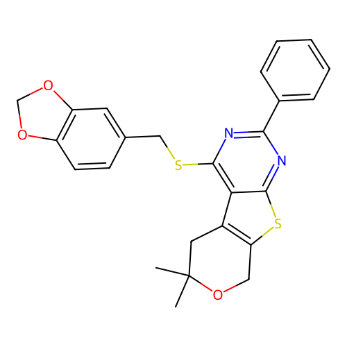 4-((benzo[d][1,3]dioxol-5-ylmethyl)thio)-6,6-dimethyl-2-phenyl-6,8-dihydro-5H-pyrano[4',3':4,5]thieno[2,3-d]pyrimidine structure