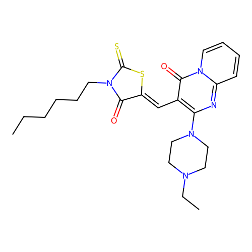 2-(4-ethylpiperazin-1-yl)-3-[(Z)-(3-hexyl-4-oxo-2-thioxo-1,3-thiazolidin-5-ylidene)methyl]-4H-pyrido[1,2-a]pyrimidin-4-one structure