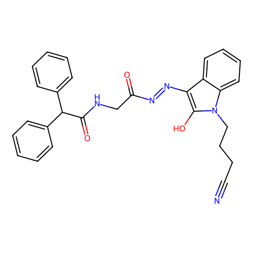 N-[[[1-(3-cyanopropyl)-2-oxo-indol-3-ylidene]amino]carbamoylmethyl]-2,2-diphenyl-acetamide structure