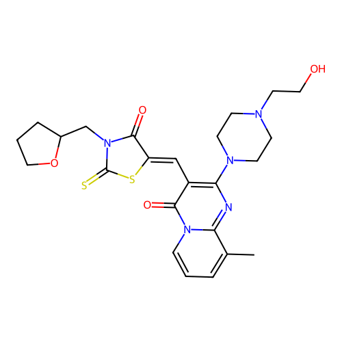 2-[4-(2-hydroxyethyl)piperazin-1-yl]-9-methyl-3-{(Z)-[4-oxo-3-(tetrahydrofuran-2-ylmethyl)-2-thioxo-1,3-thiazolidin-5-ylidene]methyl}-4H-pyrido[1,2-a]pyrimidin-4-one structure