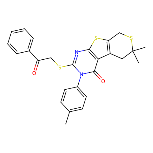 6,6-dimethyl-2-((2-oxo-2-phenylethyl)thio)-3-(p-tolyl)-5,6-dihydro-3H-thiopyrano[4',3':4,5]thieno[2,3-d]pyrimidin-4(8H)-one structure