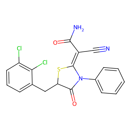 (Z)-2-cyano-2-(5-(2,3-dichlorobenzyl)-4-oxo-3-phenylthiazolidin-2-ylidene)acetamide structure