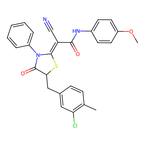 (2Z)-2-[5-(3-chloro-4-methylbenzyl)-4-oxo-3-phenyl-1,3-thiazolidin-2-ylidene]-2-cyano-N-(4-methoxyphenyl)ethanamide structure