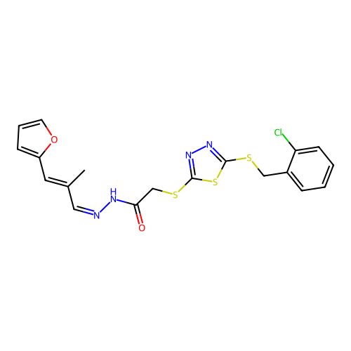 2-[[5-[(2-chlorophenyl)methylsulfanyl]-1,3,4-thiadiazol-2-yl]sulfanyl]-N-[(E)-[(E)-3-(furan-2-yl)-2-methylprop-2-enylidene]amino]acetamide structure