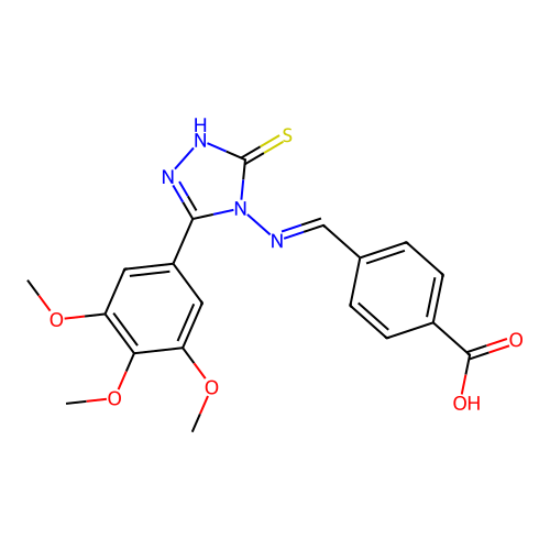 (E)-4-(((3-mercapto-5-(3,4,5-trimethoxyphenyl)-4H-1,2,4-triazol-4-yl)imino)methyl)benzoic acid structure