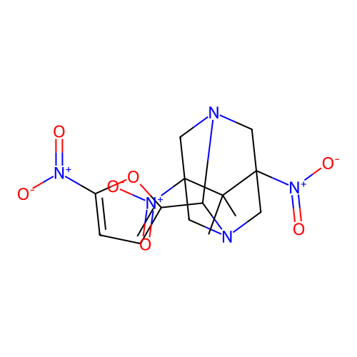 (1R,3S,5s,7s)-6,6-dimethyl-5,7-dinitro-2-(5-nitrofuran-2-yl)-1,3-diazaadamantane structure