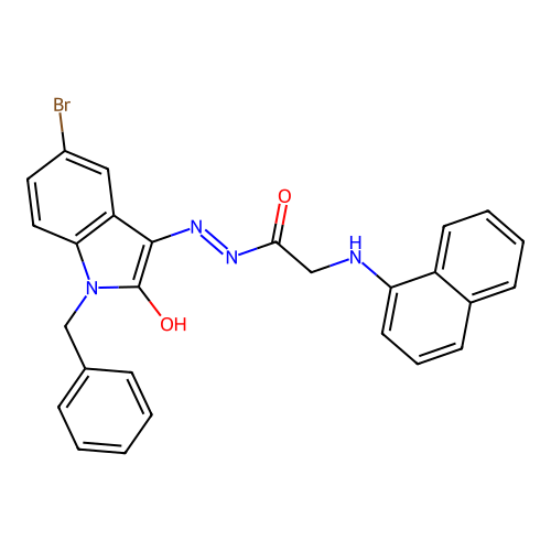 N'-[(3Z)-1-benzyl-5-bromo-2-oxo-1,2-dihydro-3H-indol-3-ylidene]-2-(naphthalen-1-ylamino)acetohydrazide (non-preferred name) structure