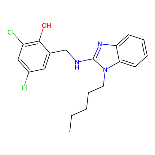 2,4-dichloro-6-{[(1-pentyl-1H-benzimidazol-2-yl)amino]methyl}phenol structure