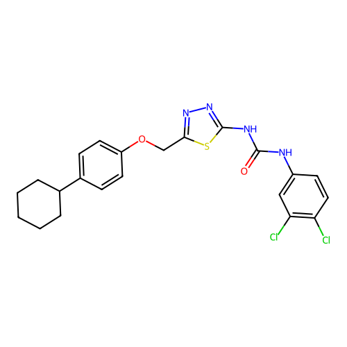 1-[5-[(4-cyclohexylphenoxy)methyl]-1,3,4-thiadiazol-2-yl]-3-(3,4-dichlorophenyl)urea structure