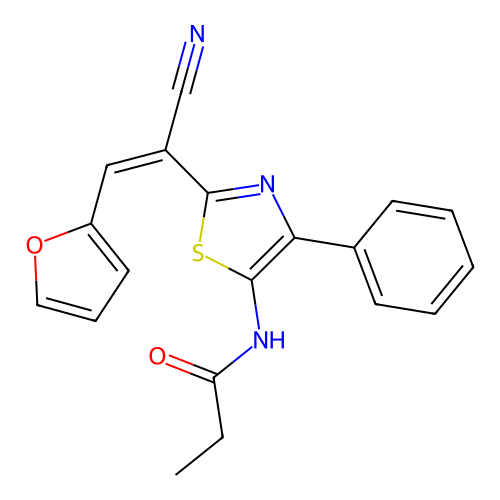 (Z)-N-(2-(1-cyano-2-(furan-2-yl)vinyl)-4-phenylthiazol-5-yl)propionamide structure