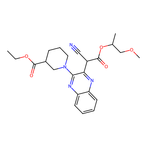 ethyl 1-[3-[1-cyano-2-(1-methoxypropan-2-yloxy)-2-oxoethyl]quinoxalin-2-yl]piperidine-3-carboxylate structure
