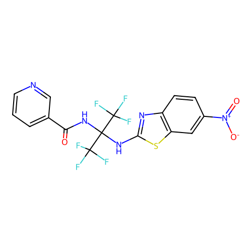 N-(1,1,1,3,3,3-hexafluoro-2-((6-nitrobenzo[d]thiazol-2-yl)amino)propan-2-yl)nicotinamide structure