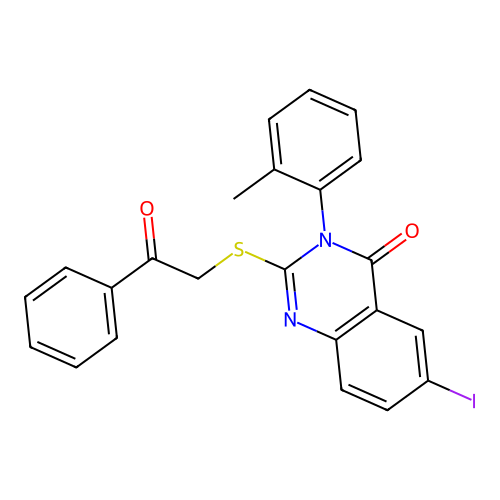 6-iodo-3-(2-methylphenyl)-2-[(2-oxo-2-phenylethyl)sulfanyl]quinazolin-4(3H)-one structure