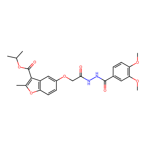 isopropyl 5-(2-(2-(3,4-dimethoxybenzoyl)hydrazinyl)-2-oxoethoxy)-2-methylbenzofuran-3-carboxylate structure