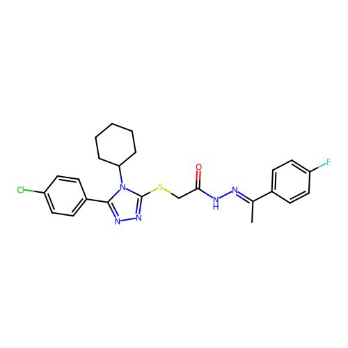 2-{[5-(4-chlorophenyl)-4-cyclohexyl-4H-1,2,4-triazol-3-yl]sulfanyl}-N'-[(1E)-1-(4-fluorophenyl)ethylidene]acetohydrazide structure