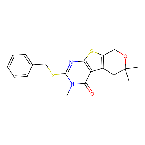 2-(benzylsulfanyl)-3,6,6-trimethyl-3,5,6,8-tetrahydro-4H-pyrano[4',3':4,5]thieno[2,3-d]pyrimidin-4-one structure