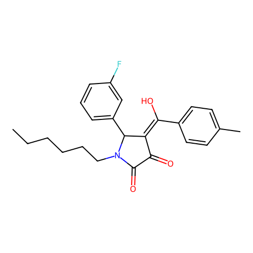 (4E)-5-(3-fluorophenyl)-1-hexyl-4-[hydroxy(4-methylphenyl)methylidene]pyrrolidine-2,3-dione structure