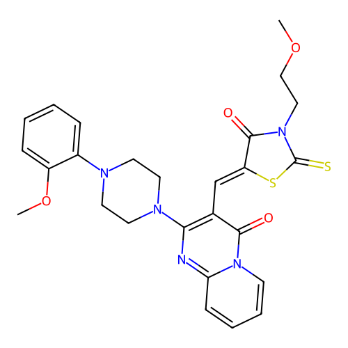 3-{(Z)-[3-(2-methoxyethyl)-4-oxo-2-thioxo-1,3-thiazolidin-5-ylidene]methyl}-2-[4-(2-methoxyphenyl)piperazin-1-yl]-4H-pyrido[1,2-a]pyrimidin-4-one structure