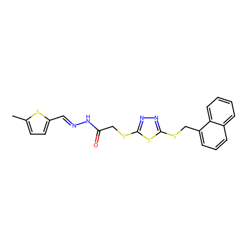 (E)-N'-((5-methylthiophen-2-yl)methylene)-2-((5-((naphthalen-1-ylmethyl)thio)-1,3,4-thiadiazol-2-yl)thio)acetohydrazide structure
