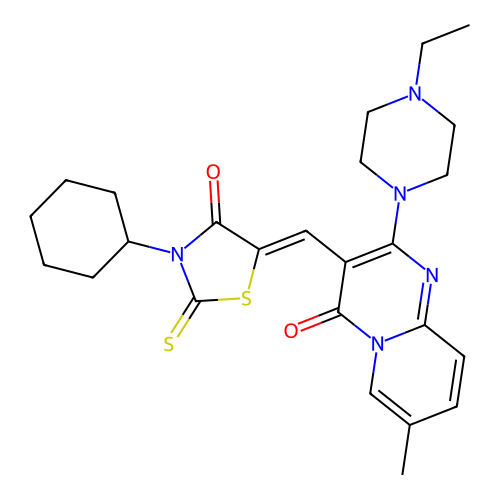 3-[(Z)-(3-cyclohexyl-4-oxo-2-thioxo-1,3-thiazolidin-5-ylidene)methyl]-2-(4-ethylpiperazin-1-yl)-7-methyl-4H-pyrido[1,2-a]pyrimidin-4-one structure