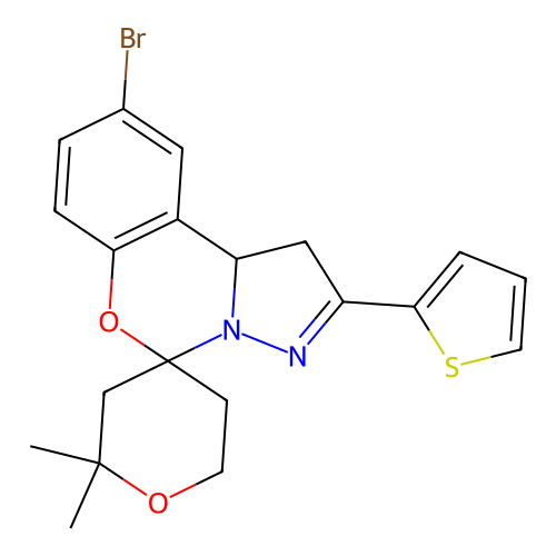9'-bromo-2,2-dimethyl-2'-(thiophen-2-yl)-1',2,3,5,6,10b'-hexahydrospiro[pyran-4,5'-pyrazolo[1,5-c][1,3]benzoxazine] structure