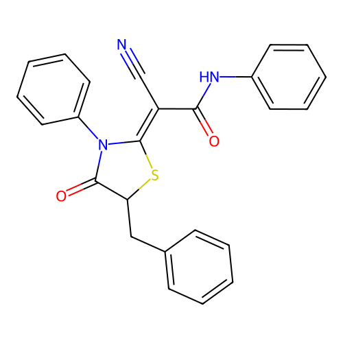(2Z)-2-(5-benzyl-4-oxo-3-phenyl-1,3-thiazolidin-2-ylidene)-2-cyano-N-phenylacetamide structure