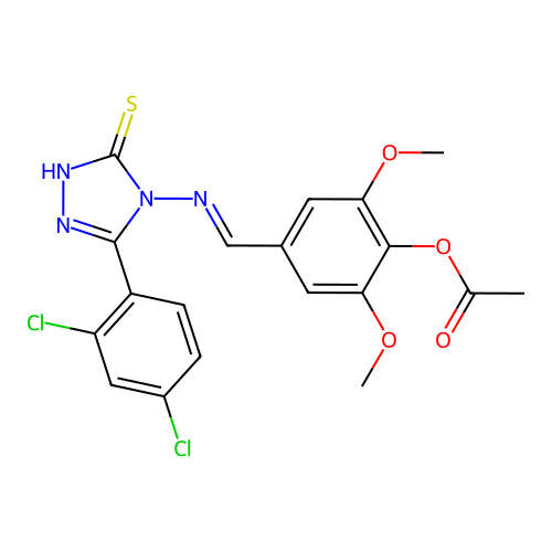 (E)-4-(((3-(2,4-dichlorophenyl)-5-mercapto-4H-1,2,4-triazol-4-yl)imino)methyl)-2,6-dimethoxyphenyl acetate structure