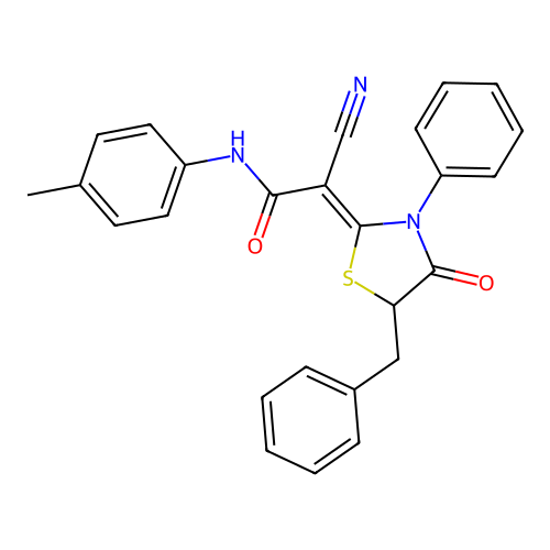 (Z)-2-(5-benzyl-4-oxo-3-phenylthiazolidin-2-ylidene)-2-cyano-N-(p-tolyl)acetamide structure