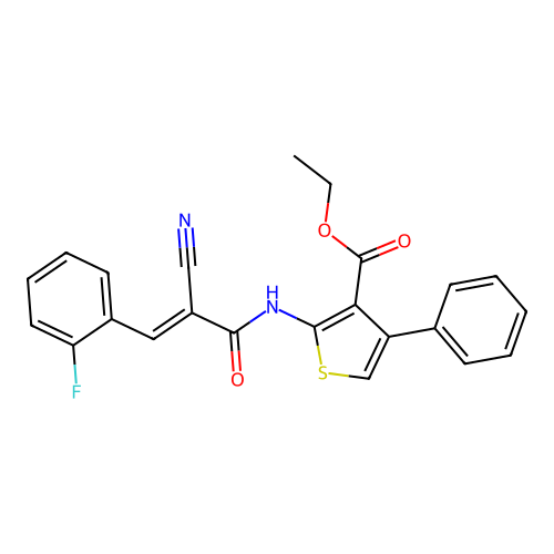 (E)-ethyl 2-(2-cyano-3-(2-fluorophenyl)acrylamido)-4-phenylthiophene-3-carboxylate structure